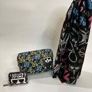 AUTHENTIC KARL LAGERFELD MAKEUP BAG, CREDIT CARD WALLET & SCARF